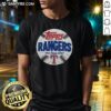 Alt Text: Awesome Red Texas Rangers MLB x Topps The Real One T-Shirt featuring vibrant team logo and stylish design.
