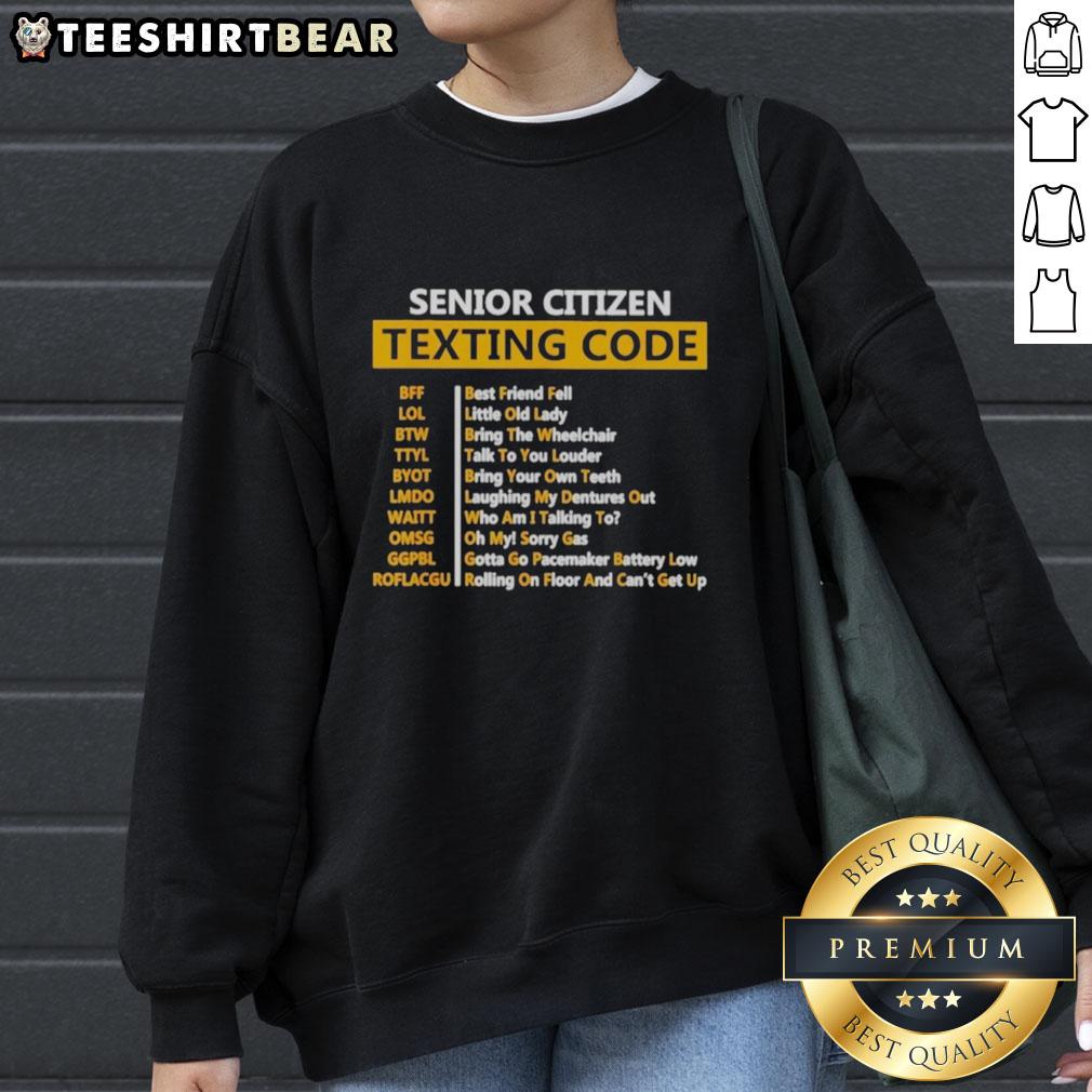 awesome-senior-citizens-texting-code-sweatshirt Awesome senior citizens wearing a texting code sweatshirt, showcasing humor and style for active older adults.