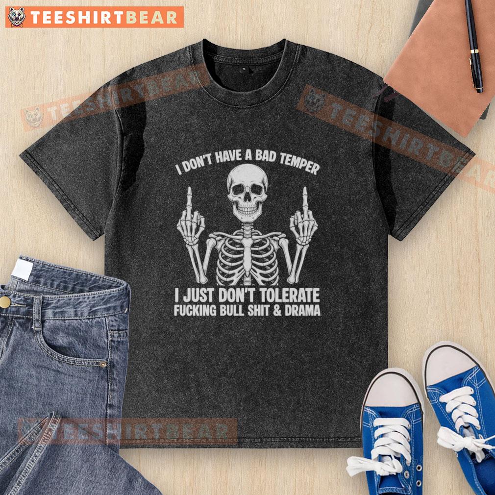 awesome-skeleton-middle-finger-sarcastic-dont-tolerate-bullshit-drama-funny-washed-t-shirt Funny washed t-shirt featuring an awesome skeleton giving the middle finger, perfect for those who don't tolerate bullshit drama.