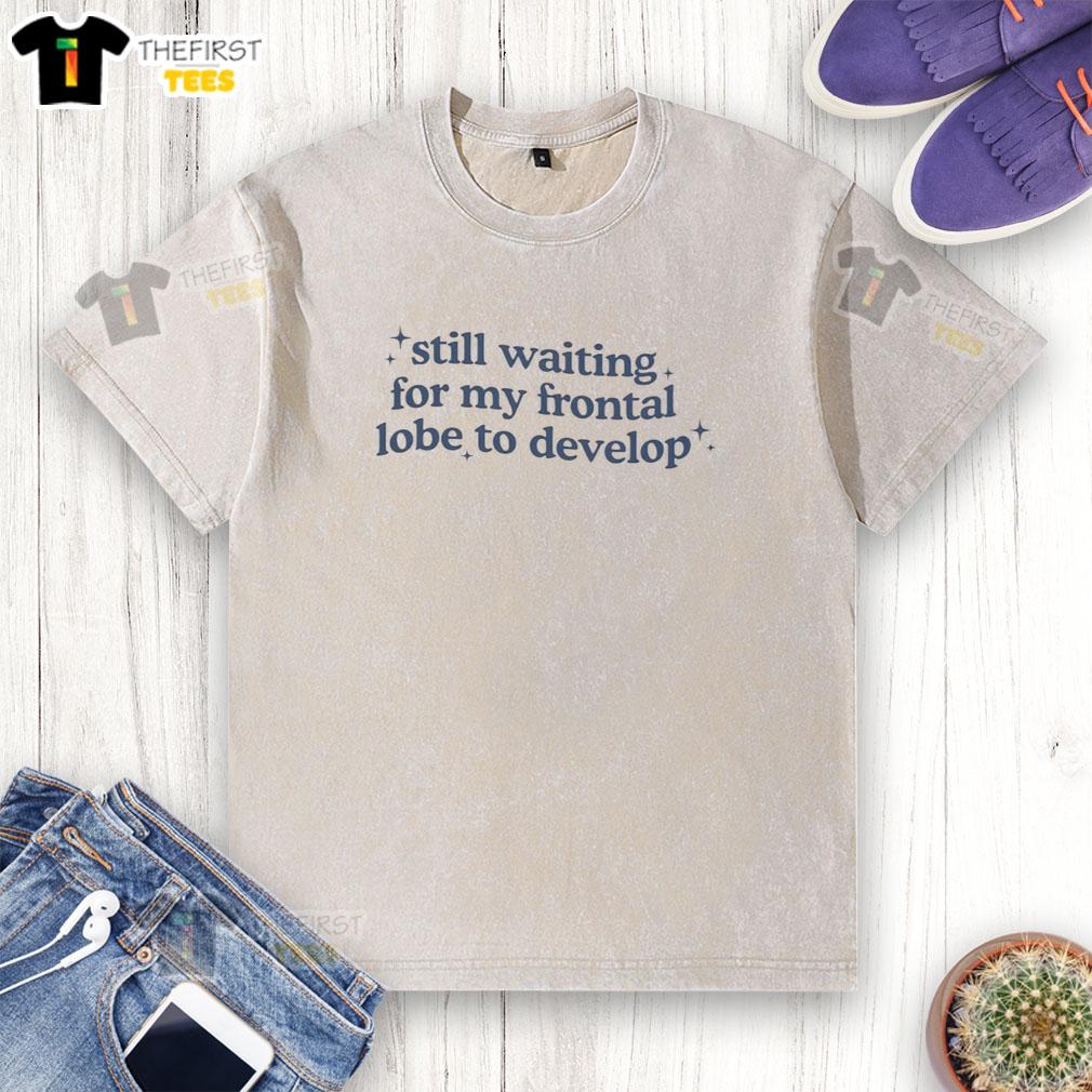awesome-still-waiting-for-my-frontal-lobe-to-develop-wave-text-washed-t-shirt Alt Text: Awesome 'Still Waiting For My Frontal Lobe To Develop' wave text washed t-shirt displayed on a mannequin.