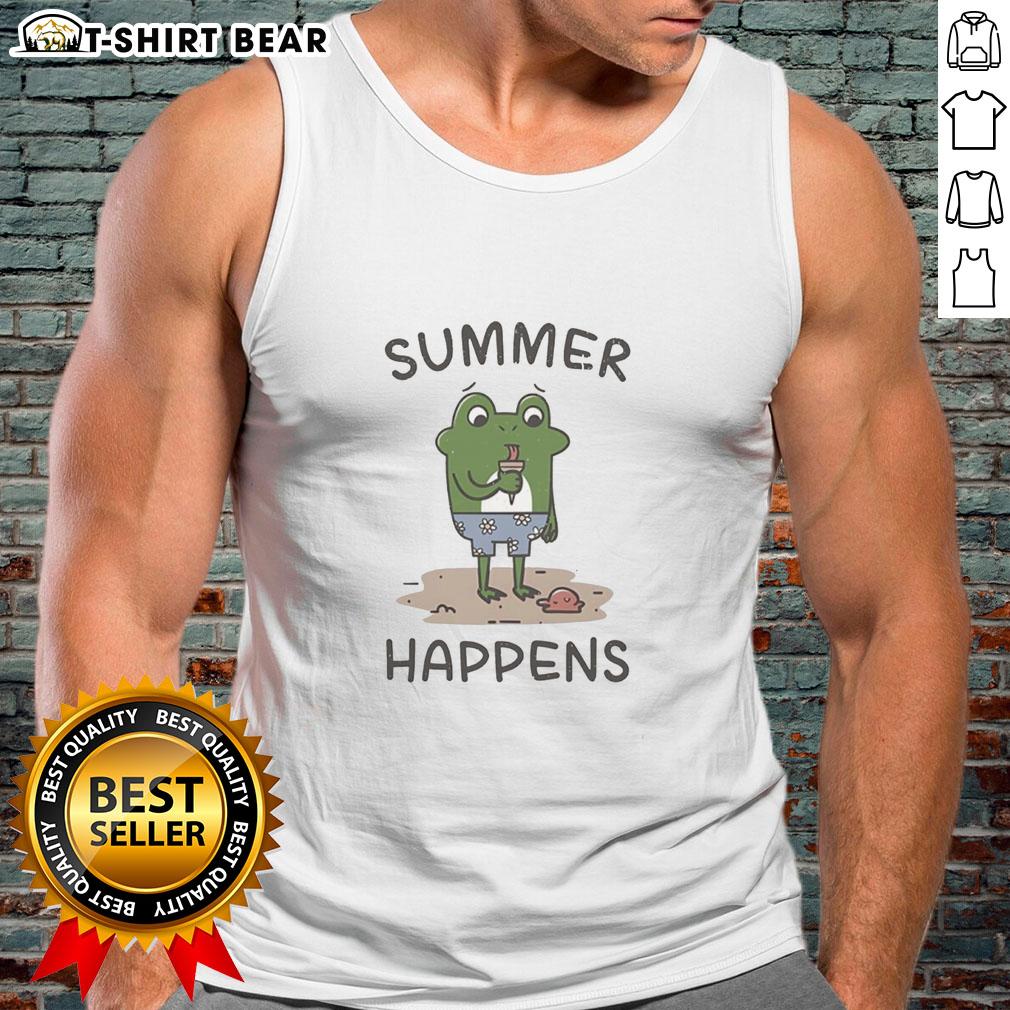 Awesome Summer Happens A Frog And Its Ice Cream Cone Tank Top Cute frog enjoying ice cream cone while wearing an Awesome Summer Happens tank top on a sunny day.