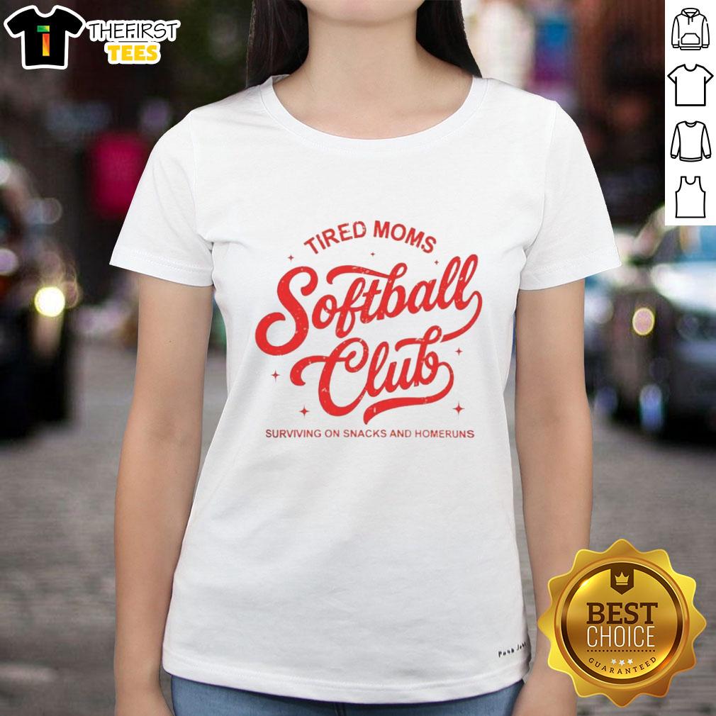 awesome-tired-moms-softball-club-surviving-on-snacks-and-homeruns-classic-letter-ladies-tee Awesome Tired Moms Softball Club tee featuring classic letter design, celebrating snacks and home runs.