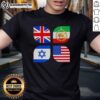 Awesome Union Jack, Iran, Israel, and USA flag T-Shirt design showcasing a vibrant blend of national symbols.