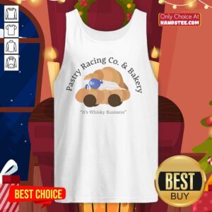Good Pastry Racing Co. tank top featuring a croissant car and whisky pun, perfect for foodie racing enthusiasts.