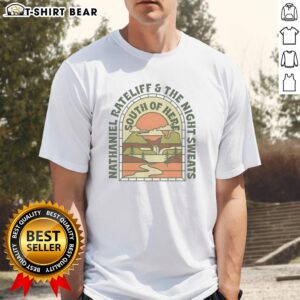 Awesome Nathaniel Rateliff And The Night Sweats South Of Here t-shirt featuring a retro landscape with mountains design.