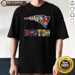 Hot New England Patriots NFL and Boston sports teams collage logo t-shirt showcasing vibrant team logos and colors.