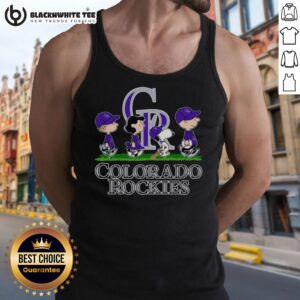 Snoopy, Charlie Brown, Linus, and Lucy in Colorado Rockies baseball jerseys, showcasing their playful team spirit.