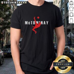 Premium Mctominay Slanj Scotland Football T-Shirt featuring an overhead kick design, perfect for fans and players.