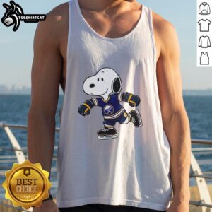 Official Snoopy wearing a Buffalo Sabres ice hockey jersey tank top, showcasing a fun sports-themed design.