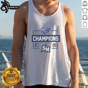 Alt Text: 2026 CCAA Golf Champions tank top featuring Cal State San Marcos logo and celebration design for proud fans.