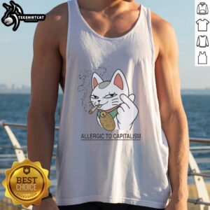 Nice lucky cat tank top featuring a whimsical design of a cat smoking and allergic to capitalism.