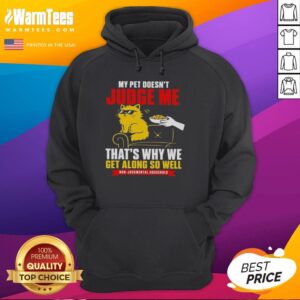 Cozy hoodie featuring an orange cat and the phrase 'My pet doesn't judge me, that's why we get along so well.'