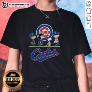 Cute Snoopy, Charlie Brown, Linus, and Lucy in Chicago Cubs baseball jerseys on a ladies tee shirt.