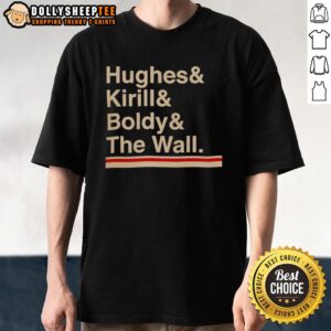 Nice Minnesota Hockey Hughes Kirill Boldy The Wall T-Shirt featuring player graphics and team colors for fans.