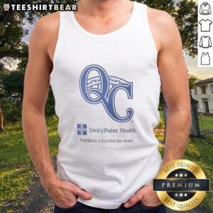 UnityPoint Health tank top featuring Quad Cities River Bandits logo, showcasing pride as a sponsor in vibrant colors.