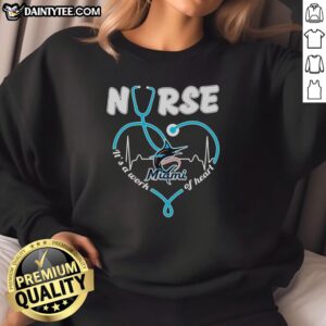 Official Miami Marlins Nurse sweatshirt features a stethoscope shaped heart design, perfect for baseball and healthcare fans.