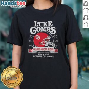 Hot Oklahoma Sooners helmet featured in Luke Combs May 09, 2026 tour promotional image for Norman, OK ladies tee.