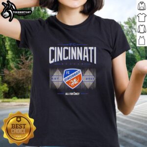 Original FC Cincinnati Soccer Est 20215 All For Cincy retro ladies tee showcasing stylish design and team spirit.