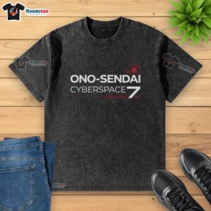 Alt Text: Original Ono Sendai Cyberspace Deck 7 washed t-shirt in a casual setting, showcasing retro cyberpunk design.