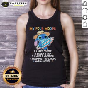 Alt Text: Cute Stitch tank top displaying four moods: I Need Coffee, I Need A Nap, I Need A Vacation.