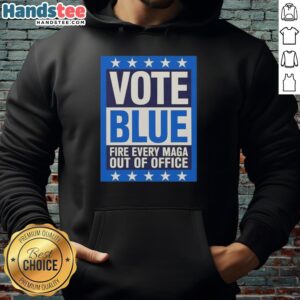 Alt Text: Premium blue hoodie with Fire Every MAGA Out of Office slogan, perfect for political statements and casual wear.
