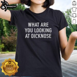 Original Jerry Levine Teen Wolf 'What Are You Looking At Dicknose' ladies tee featuring a vibrant design and playful text.