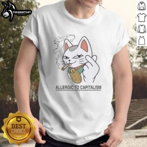 Nice Lucky Cat Smoking Allergic To Capitalism T-Shirt design featuring a whimsical cat illustration with a bold statement.