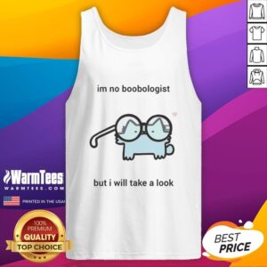 Playful cat wearing a tank top with the phrase 'I'm no boobologist, but I'll take a look' in a cozy setting.