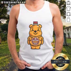 Alt Text: Cute bear graphic on a honey bottle tank top, perfect for casual wear and bee lovers.