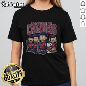 Good Montreal Canadiens Peanuts cartoon team ice hockey ladies tee featuring iconic characters and team logo.
