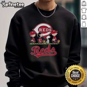 Good Snoopy, Charlie Brown, Linus, and Lucy in Cincinnati Reds baseball jersey sweatshirts, celebrating fandom joyfully.
