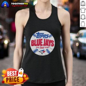 Alt Text: Awesome powder blue Toronto Blue Jays MLB x Topps baseball tank top showcasing vibrant team graphics and design.
