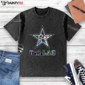 Collage of Dallas Cowboys NFL logo on a washed t-shirt, showcasing Dallas sports teams in a stylish design.