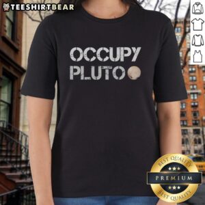 Official Space Exploration fan tee featuring 'Occupy Pluto' in stencil font, perfect for astronomy enthusiasts.