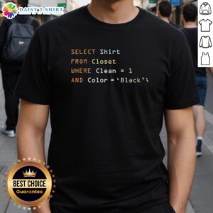Good select shirt from closet: clean black t-shirt hanging neatly, showcasing style and organization in wardrobe.