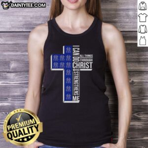 Pretty New York Yankees tank top featuring 'I Can Do All Things Through Christ Who Strengthens Me' with a cross design.