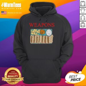 Funny weapons and fast foods hoodie featuring hot dog, cookies, and chips design for food lovers and humor fans.