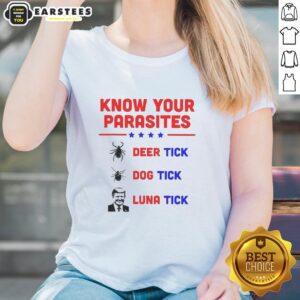Nice Know Your Parasites tee featuring deer tick, dog tick, and Luna tick illustrations for tick awareness enthusiasts.