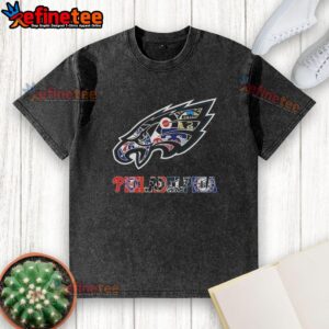 Alt Text: Collage of Philadelphia Eagles NFL logo and other Philadelphia sports teams on a washed t-shirt design.