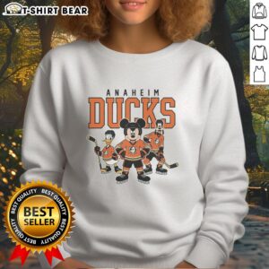 Nice Anaheim Ducks Disney Team ice hockey sweatshirt featuring vibrant colors and team logo, perfect for fans.