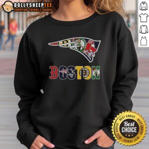 Alt Text: Hot New England Patriots NFL sweatshirt featuring a collage of Boston sports team logos.