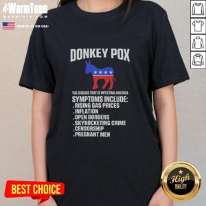 Womens tee featuring 'Nice Donkey Pox' design, highlighting the disease affecting America in a stylish, casual look.