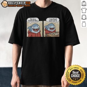 Funny T-shirt featuring 'Top Shark Seafood Diet' slogan, ideal for seafood lovers and humor enthusiasts.