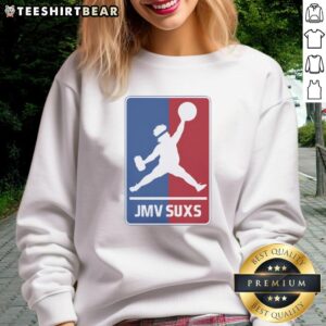 Overweight baseball pitcher wearing an Awesome JMV Suxs MLB Jumpman parody sweatshirt, showcasing a fun sports style.