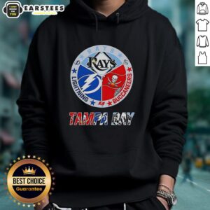 Alt Text: Stylish hoodie featuring a mashup of Tampa Bay Rays, Lightning, and Buccaneers logos for fans and sports enthusiasts.