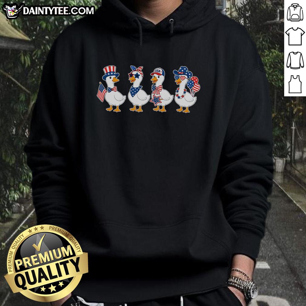 cute-fourth-of-july-patriotic-goose-group-hoodie Cute Fourth of July patriotic goose group hoodie featuring colorful geese in festive attire for Independence Day.