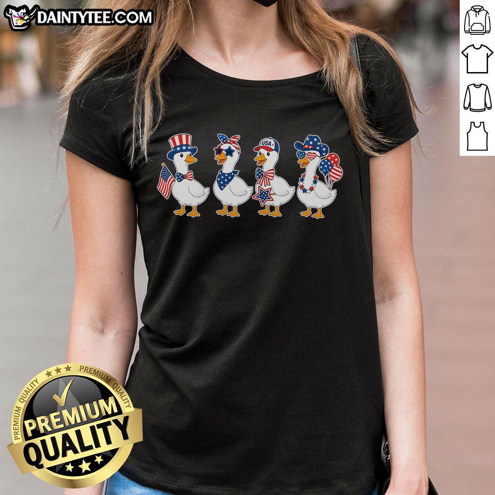 cute-fourth-of-july-patriotic-goose-group-ladies-tee Cute Fourth of July patriotic goose group on ladies tee, perfect for celebrating Independence Day in style.