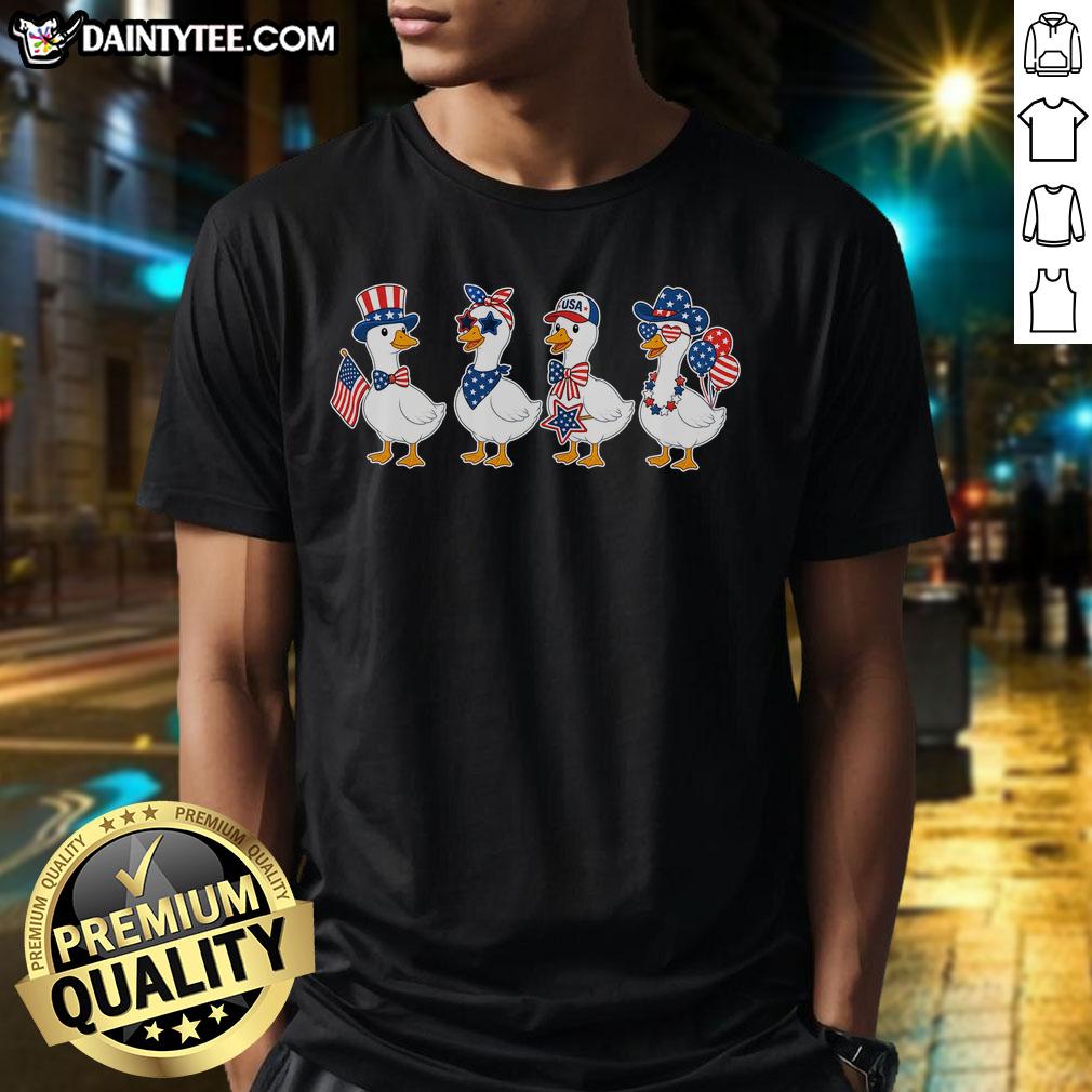 cute-fourth-of-july-patriotic-goose-group-t-shirt-1 Alt Text: Cute Fourth Of July Patriotic Goose Group T-Shirt featuring adorable geese in red, white, and blue designs.