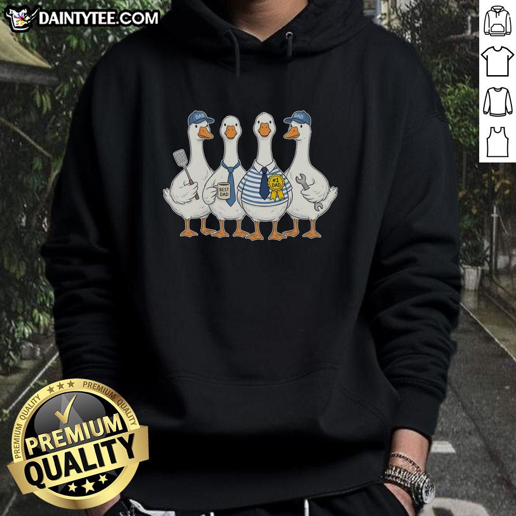 cute-funny-fathers-day-goose-group-hoodie Cute funny Father's Day goose group hoodie design featuring playful geese in festive attire for dads.