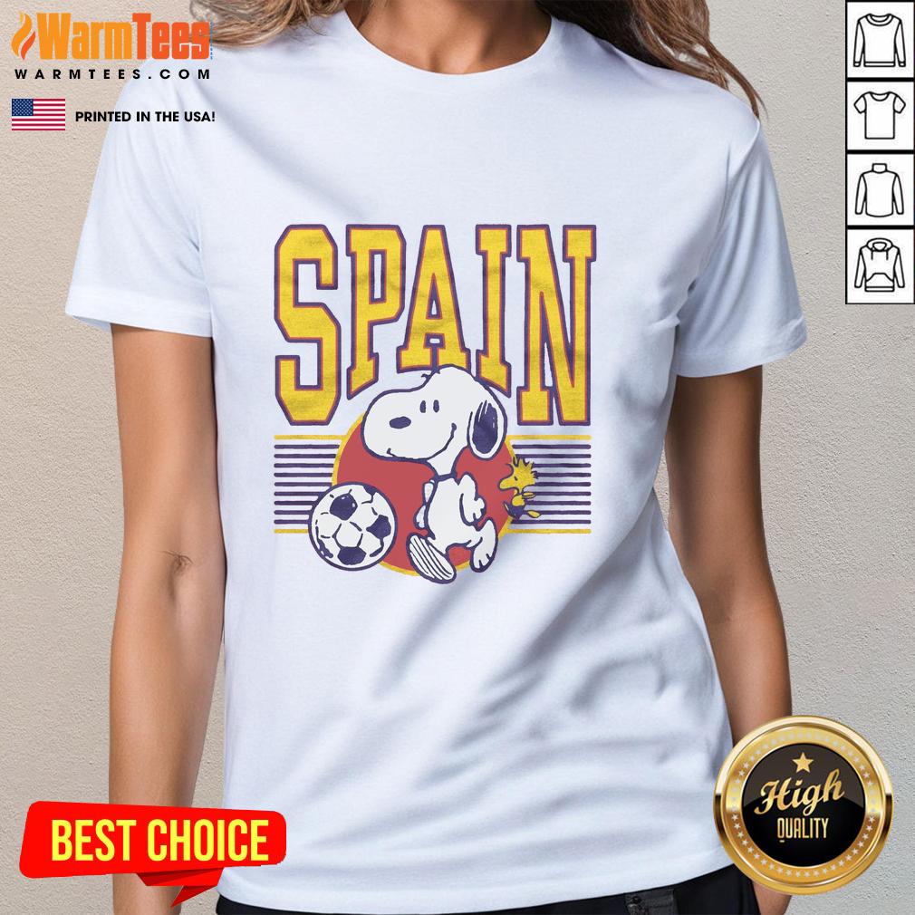 cute-peanuts-snoopy-x-spain-soccer-ladies-tee Alt Text: Cute Peanuts Snoopy X Spain soccer ladies tee featuring playful design and vibrant colors for fans of all ages.